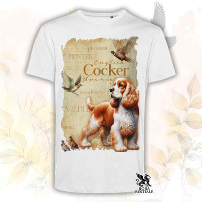T-Shirt FIELD LEGACY - COCKER SPANIEL INGLESE Bianco e Arancio - Bianca o Beige, da Uomo o da Donna - dalla XS alla 5XL