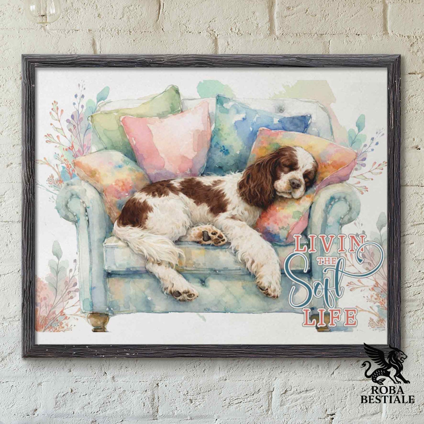 Quadretto SOFT LIFE - COCKER SPANIEL INGLESE Bianco e Fegato - Con cornice in legno, formato A4