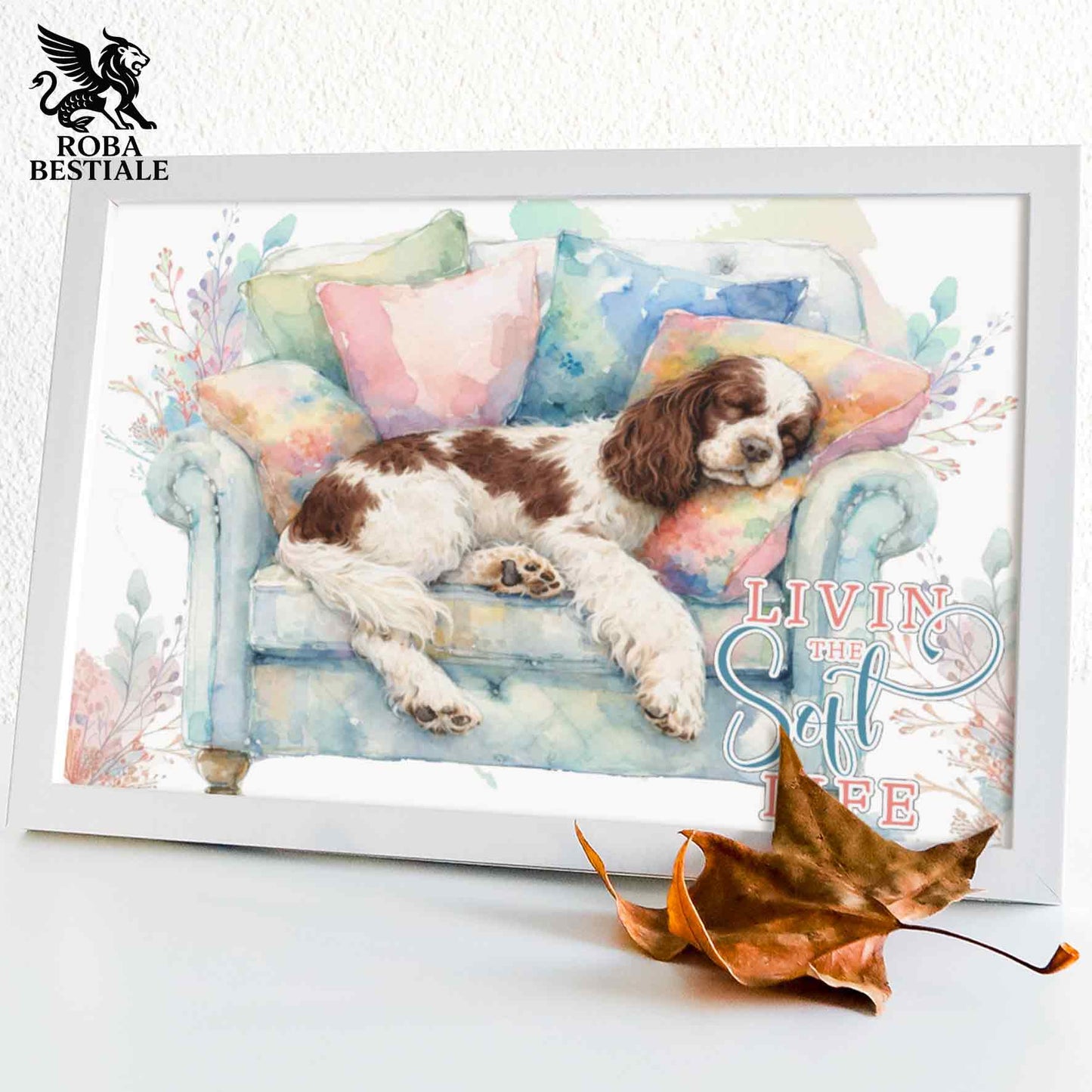 Quadretto SOFT LIFE - COCKER SPANIEL INGLESE Bianco e Fegato - Con cornice in legno, formato A4