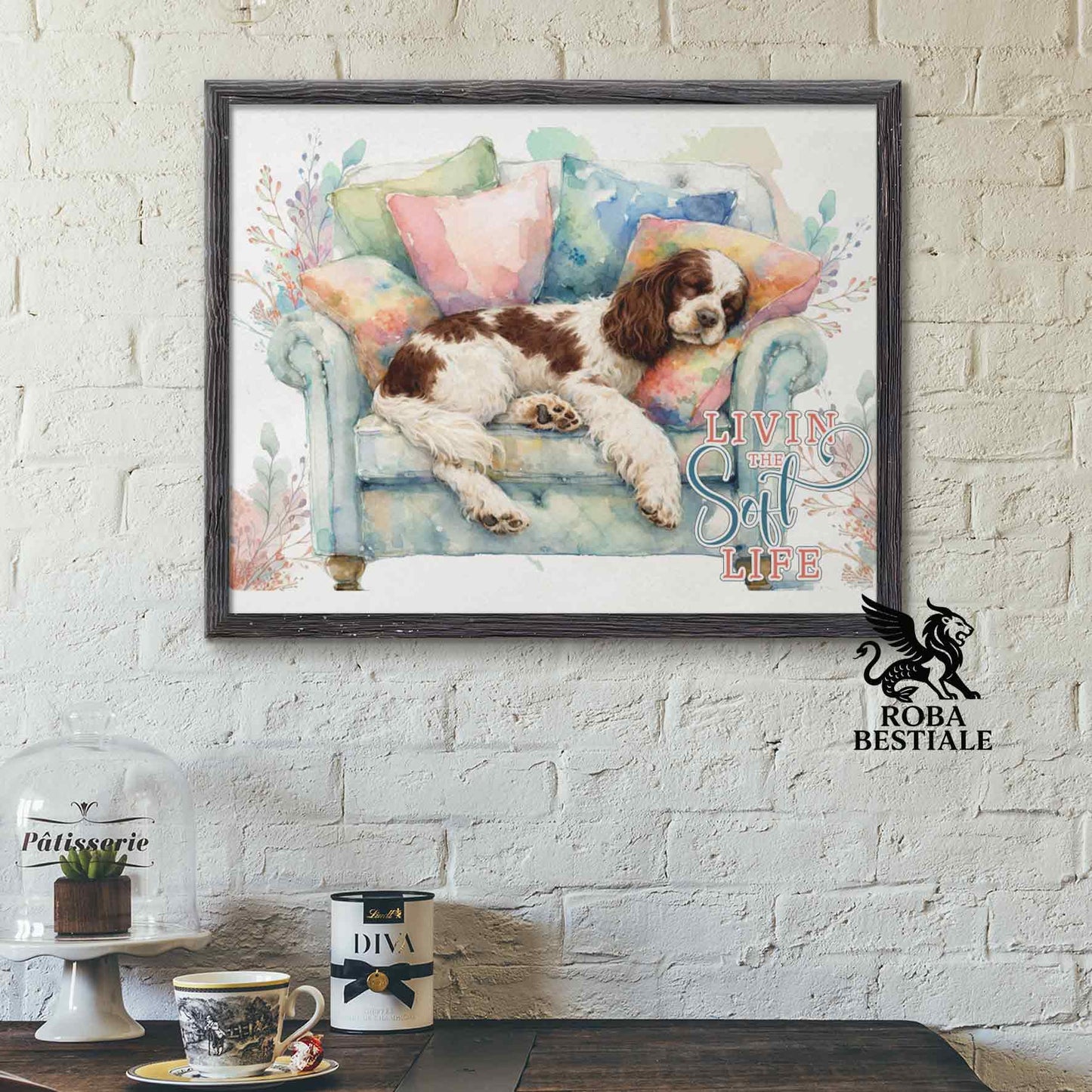 Quadretto SOFT LIFE - COCKER SPANIEL INGLESE Bianco e Fegato - Con cornice in legno, formato A4