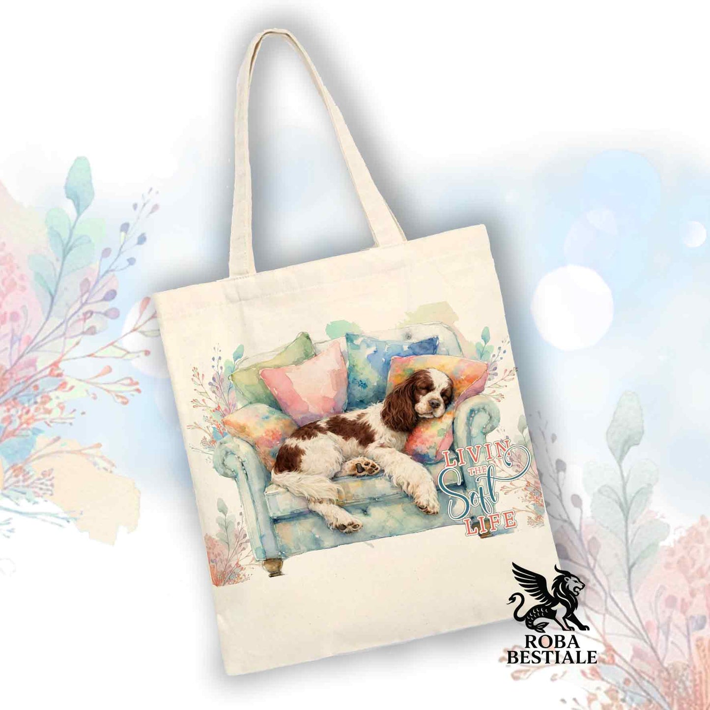 Tote Bag SOFT LIFE - COCKER SPANIEL INGLESE Bianco e Fegato - 100% Cotone - Bianca o Beige