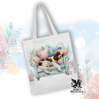 Tote Bag SOFT LIFE - COCKER SPANIEL INGLESE Bianco e Fegato - 100% Cotone - Bianca o Beige