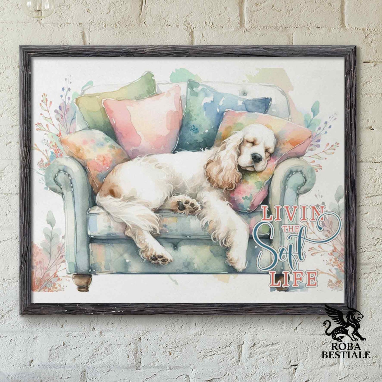 Quadretto SOFT LIFE - COCKER SPANIEL INGLESE Bianco e Limone - Con cornice in legno, formato A4