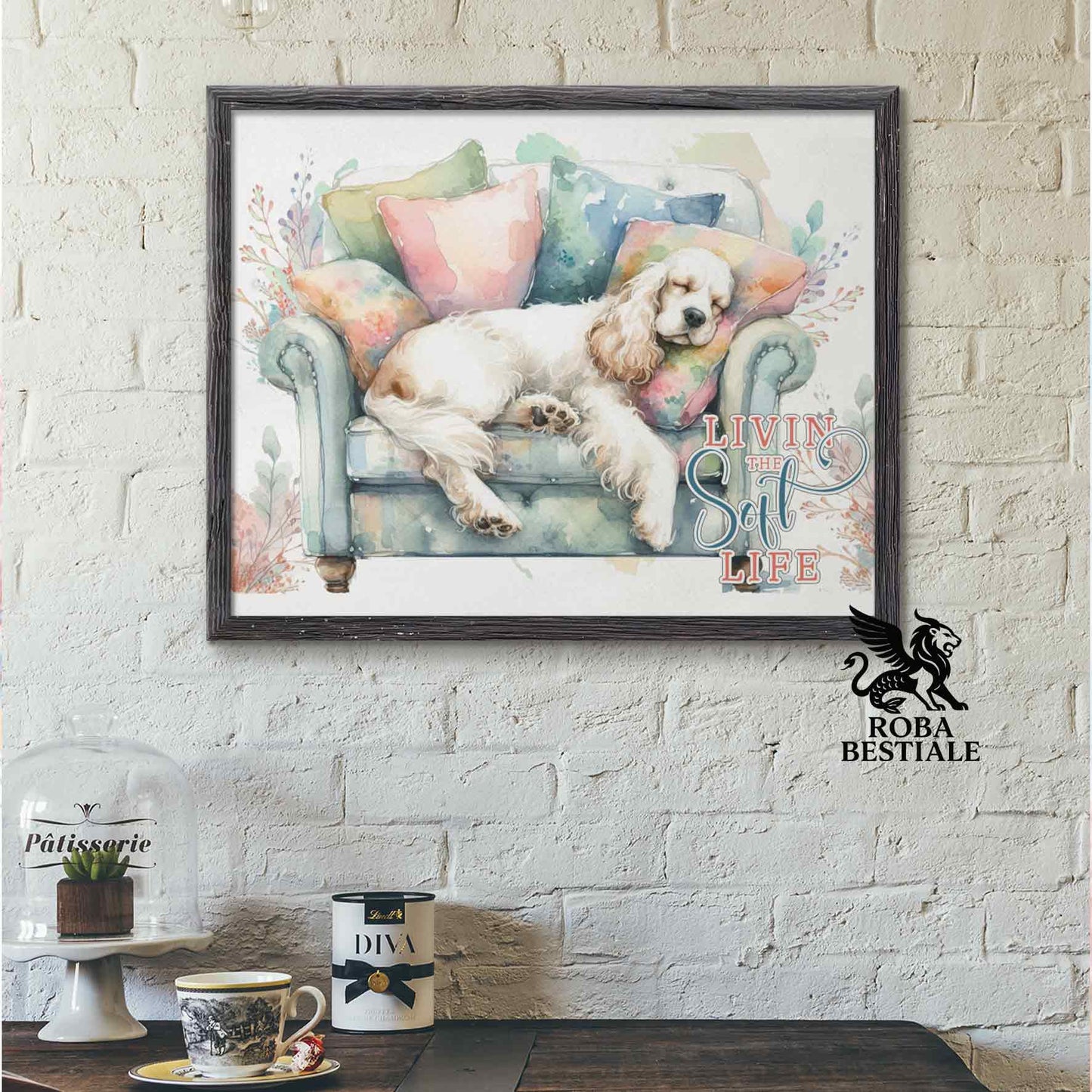 Quadretto SOFT LIFE - COCKER SPANIEL INGLESE Bianco e Limone - Con cornice in legno, formato A4