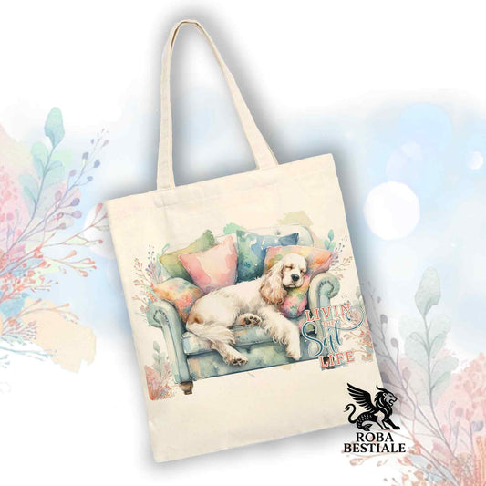 Tote Bag SOFT LIFE - COCKER SPANIEL INGLESE Bianco e Limone - 100% Cotone - Bianca o Beige