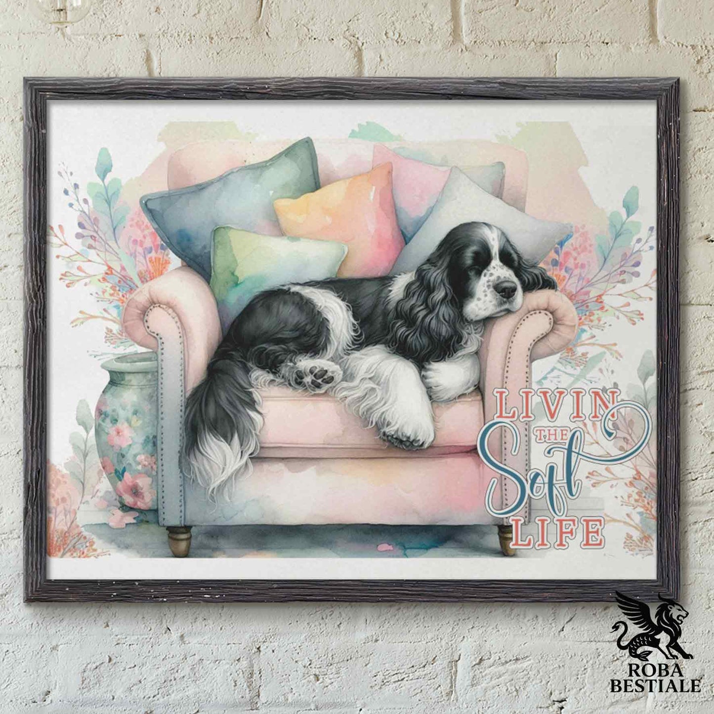 Quadretto SOFT LIFE - COCKER SPANIEL INGLESE Bianco e Nero - Con cornice in legno, formato A4