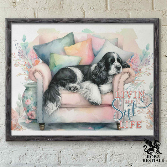 Quadretto SOFT LIFE - COCKER SPANIEL INGLESE Bianco e Nero - Con cornice in legno, formato A4