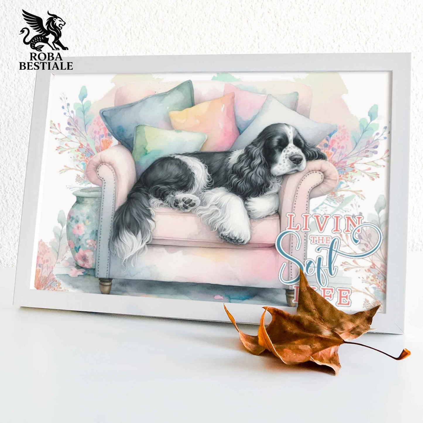 Quadretto SOFT LIFE - COCKER SPANIEL INGLESE Bianco e Nero - Con cornice in legno, formato A4