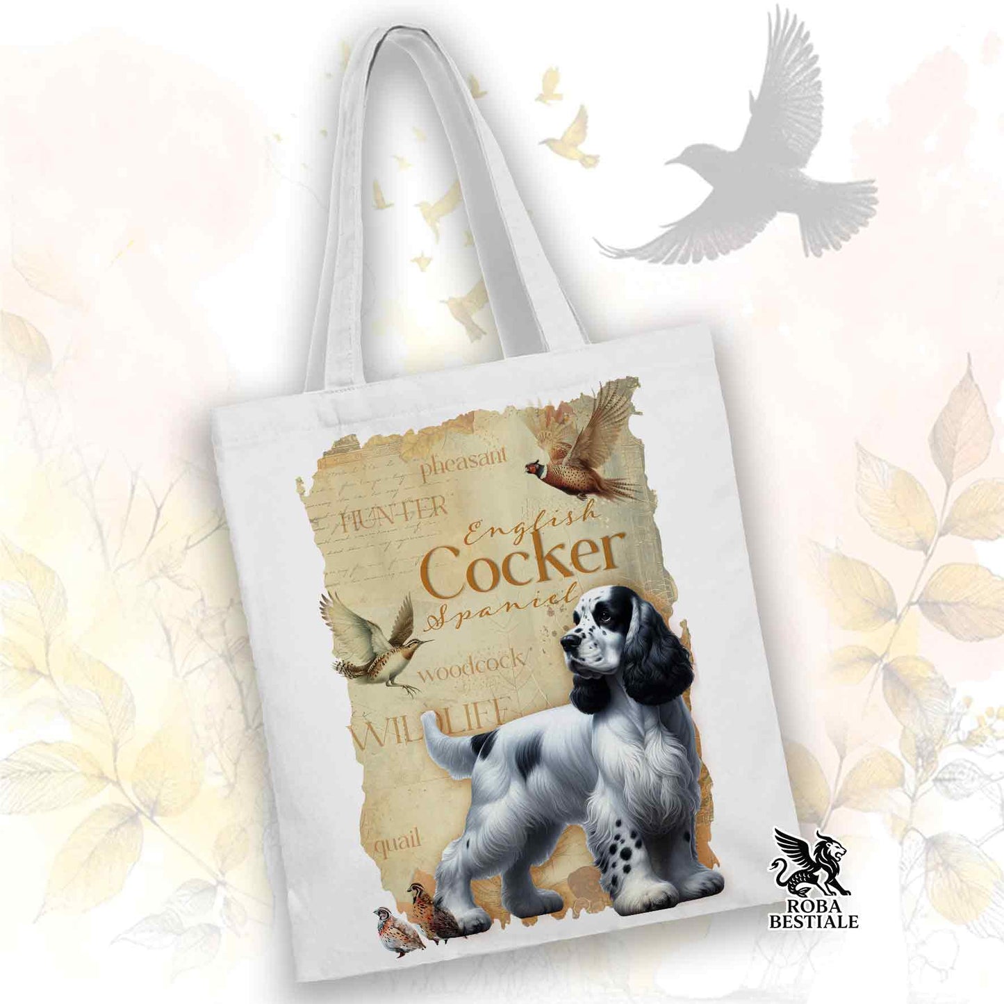 Tote Bag FIELD LEGACY - COCKER SPANIEL INGLESE Bianco e Nero - 100% Cotone - Bianca o Beige