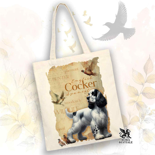 Tote Bag FIELD LEGACY - COCKER SPANIEL INGLESE Bianco e Nero - 100% Cotone - Bianca o Beige