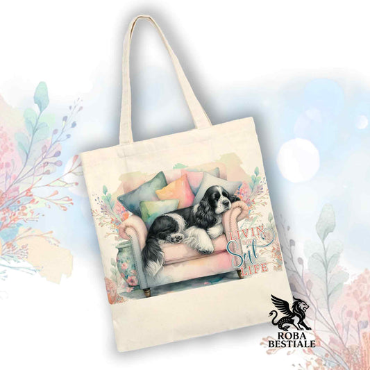 Tote Bag SOFT LIFE - COCKER SPANIEL INGLESE Bianco e Nero - 100% Cotone - Bianca o Beige