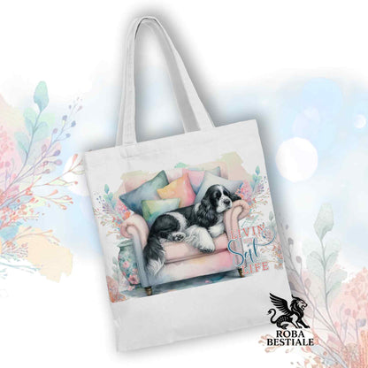 Tote Bag SOFT LIFE - COCKER SPANIEL INGLESE Bianco e Nero - 100% Cotone - Bianca o Beige