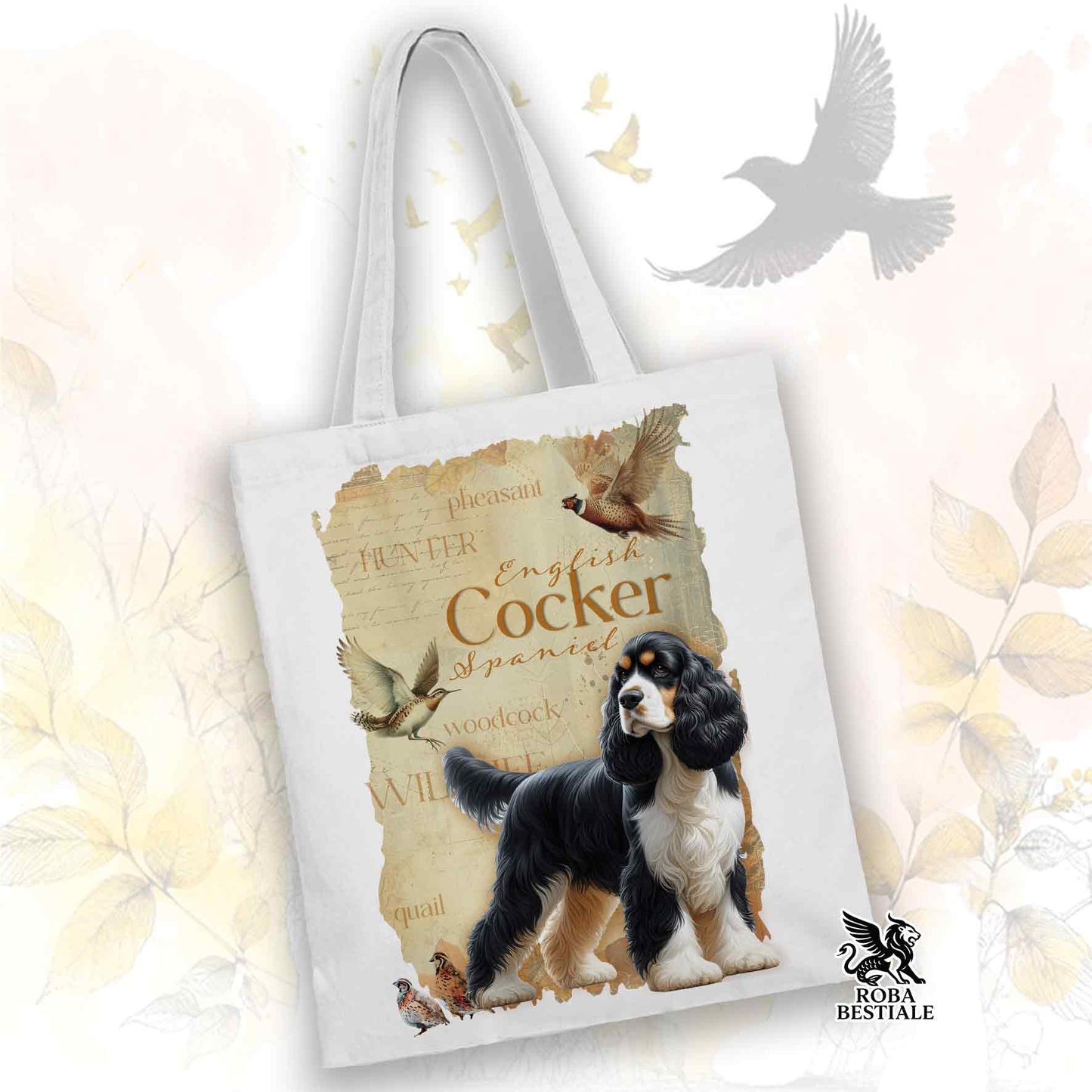 Tote Bag FIELD LEGACY - COCKER SPANIEL INGLESE Black Tricolor - 100% Cotone - Bianca o Beige