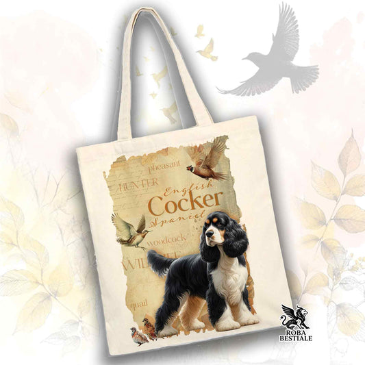 Tote Bag WILD HUNTERS - COCKER SPANIEL INGLESE Black Tricolor - 100% Cotone - Bianca o Beige