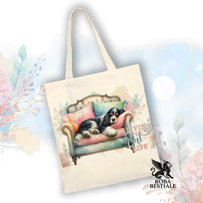 Tote Bag SOFT LIFE - COCKER SPANIEL INGLESE Black Tricolor - 100% Cotone - Bianca o Beige