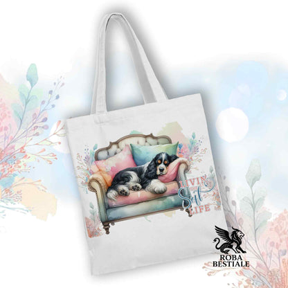 Tote Bag SOFT LIFE - COCKER SPANIEL INGLESE Black Tricolor - 100% Cotone - Bianca o Beige