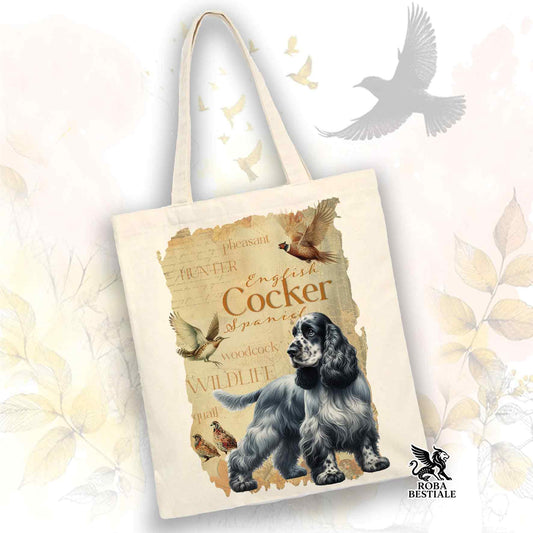 Tote Bag FIELD LEGACY - COCKER SPANIEL INGLESE Blue Roano - 100% Cotone - Bianca o Beige
