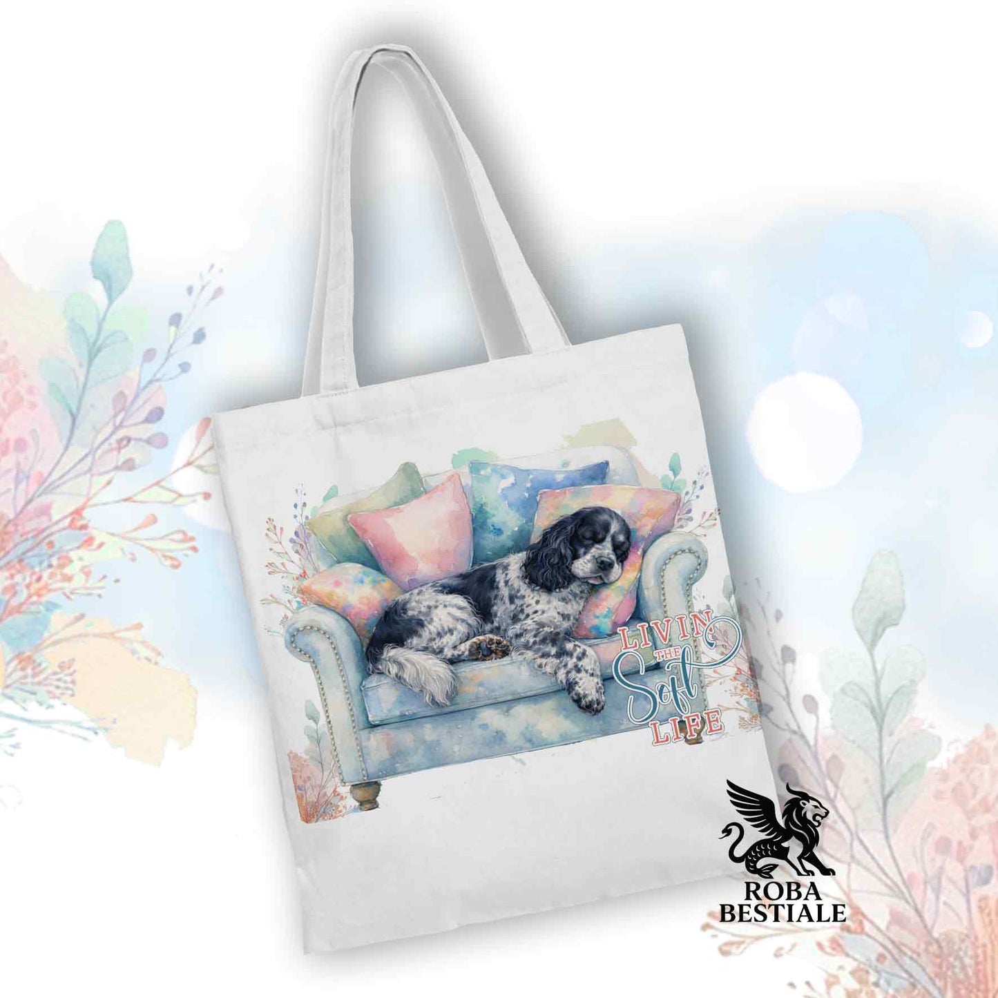 Tote Bag SOFT LIFE - COCKER SPANIEL INGLESE Blue Roano - 100% Cotone - Bianca o Beige