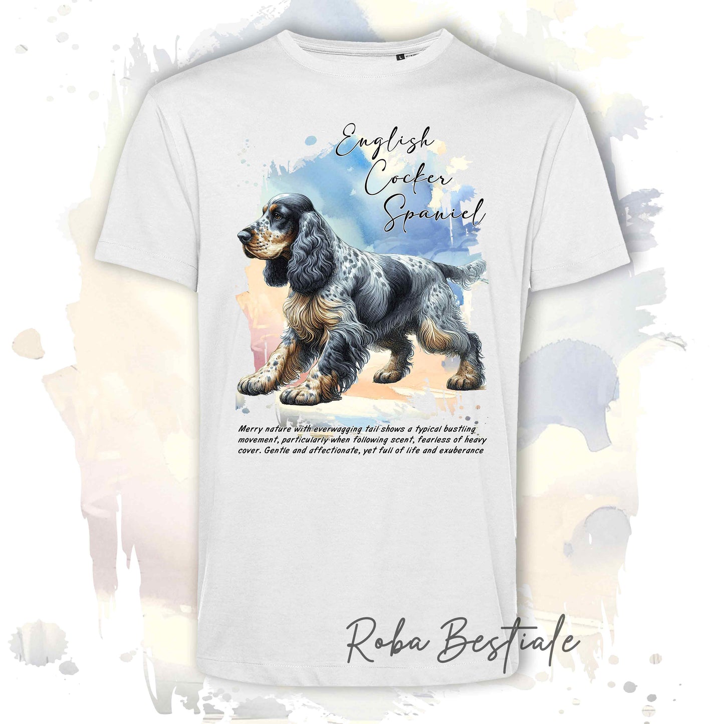 T-Shirt BEHAVIOR - COCKER SPANIEL INGLESE Blu Roano Focato - Standard FCI - 100% Cotone, Bianca, Uomo o Donna - dalla XS alla 5XL