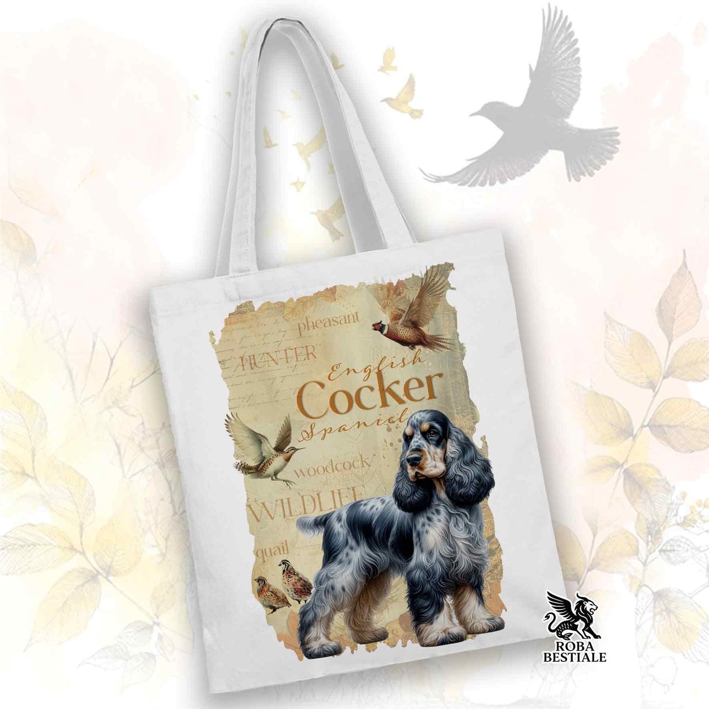 Tote Bag FIELD LEGACY - COCKER SPANIEL INGLESE Blue Roano Focato - 100% Cotone - Bianca o Beige