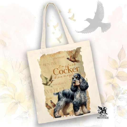 Tote Bag FIELD LEGACY - COCKER SPANIEL INGLESE Blue Roano Focato - 100% Cotone - Bianca o Beige