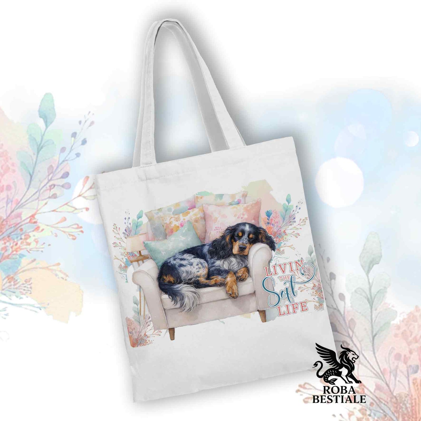 Tote Bag SOFT LIFE - COCKER SPANIEL INGLESE Blu Roano Focato - 100% Cotone - Bianca o Beige