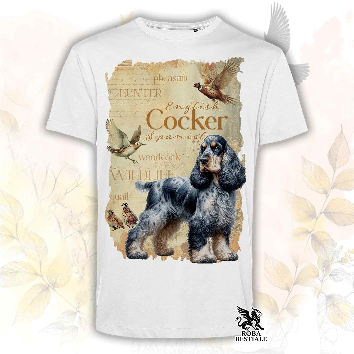T-Shirt FIELD LEGACY - COCKER SPANIEL INGLESE Blue Roano Focato - Bianca o Beige, da Uomo o da Donna - dalla XS alla 5XL