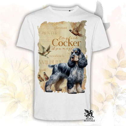 T-Shirt FIELD LEGACY - COCKER SPANIEL INGLESE Blue Roano Focato - Bianca o Beige, da Uomo o da Donna - dalla XS alla 5XL