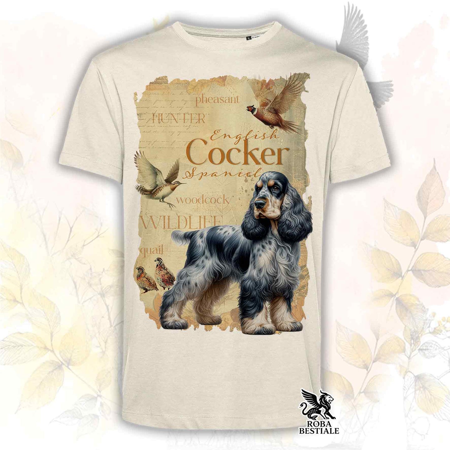 T-Shirt FIELD LEGACY - COCKER SPANIEL INGLESE Blue Roano Focato - Bianca o Beige, da Uomo o da Donna - dalla XS alla 5XL