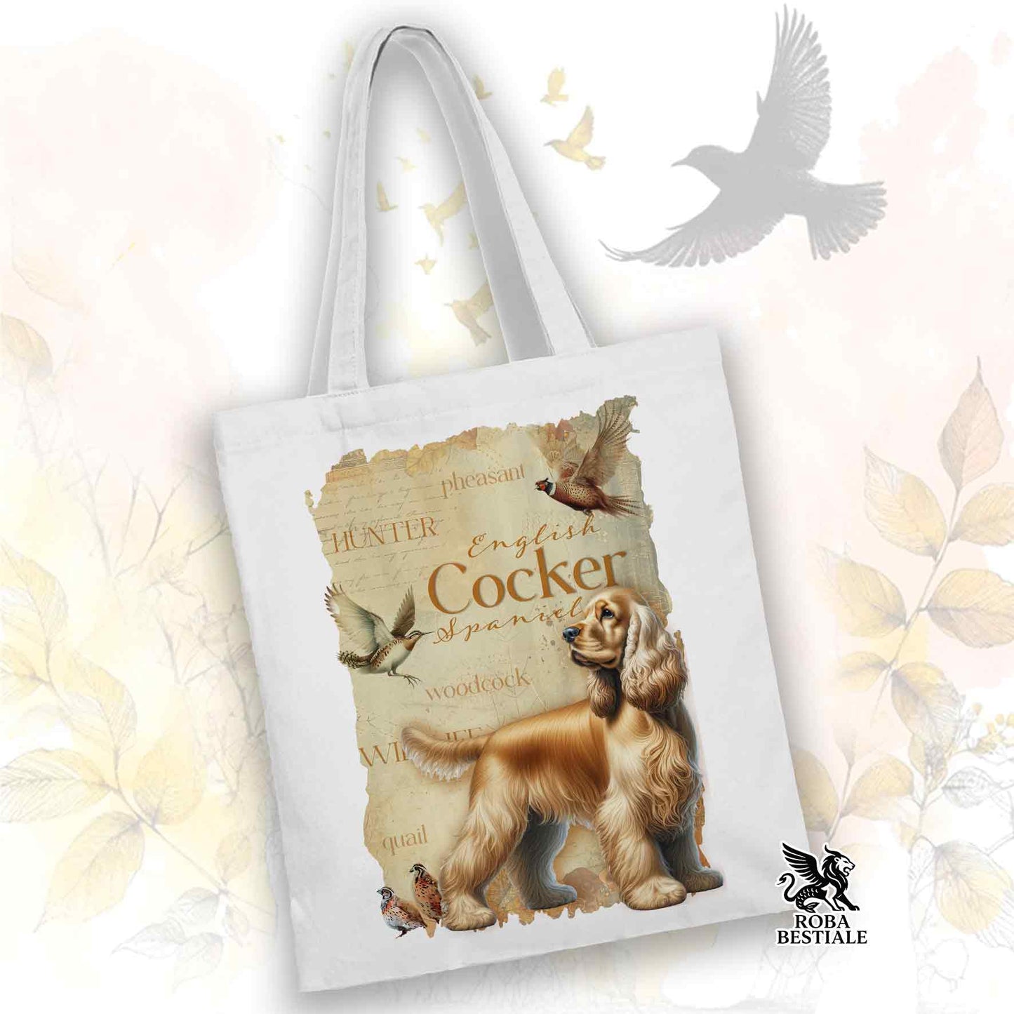 Tote Bag FIELD LEGACY - COCKER SPANIEL INGLESE Dorato - 100% Cotone - Bianca o Beige