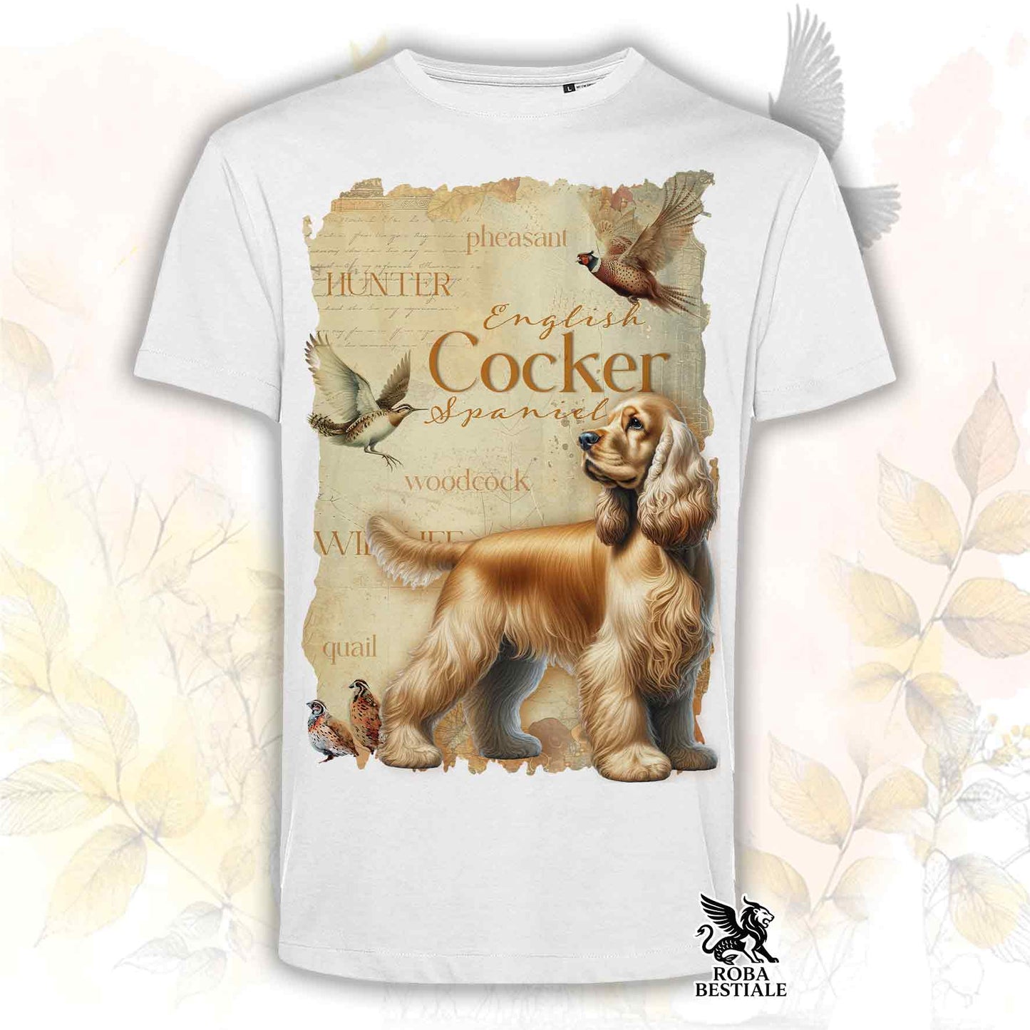 T-Shirt FIELD LEGACY - COCKER SPANIEL INGLESE Dorato - Bianca o Beige, da Uomo o da Donna - dalla XS alla 5XL