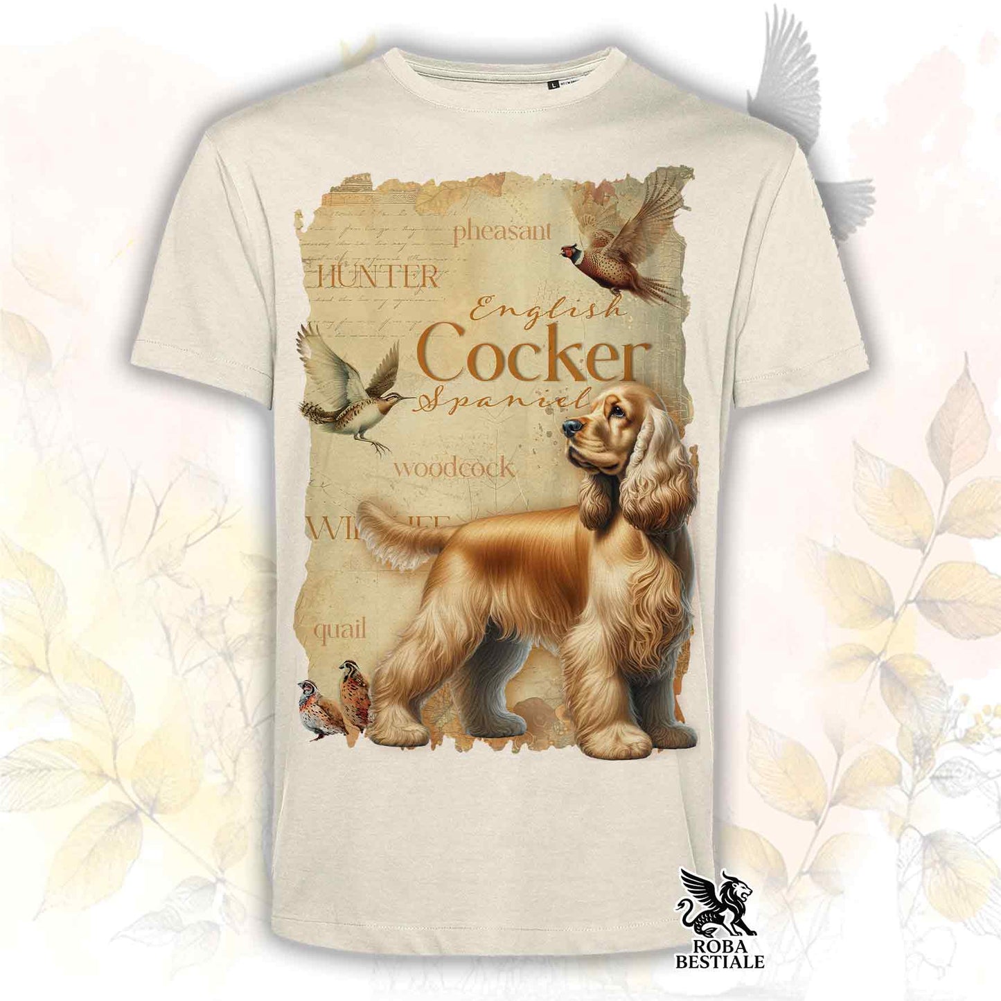 T-Shirt FIELD LEGACY - COCKER SPANIEL INGLESE Dorato - Bianca o Beige, da Uomo o da Donna - dalla XS alla 5XL