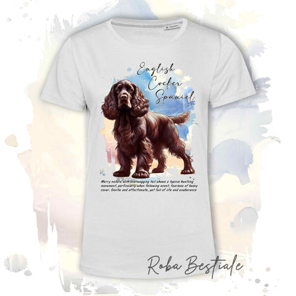 T-Shirt BEHAVIOR - COCKER SPANIEL INGLESE Fegato - Standard FCI - 100% Cotone, Bianca, Uomo o Donna - dalla XS alla 5XL