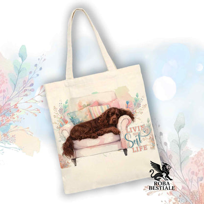 Tote Bag SOFT LIFE - COCKER SPANIEL INGLESE Fegato - 100% Cotone - Bianca o Beige