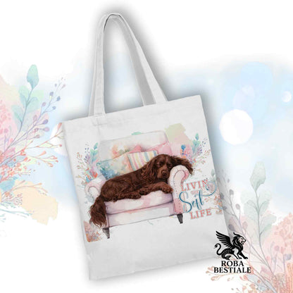 Tote Bag SOFT LIFE - COCKER SPANIEL INGLESE Fegato - 100% Cotone - Bianca o Beige