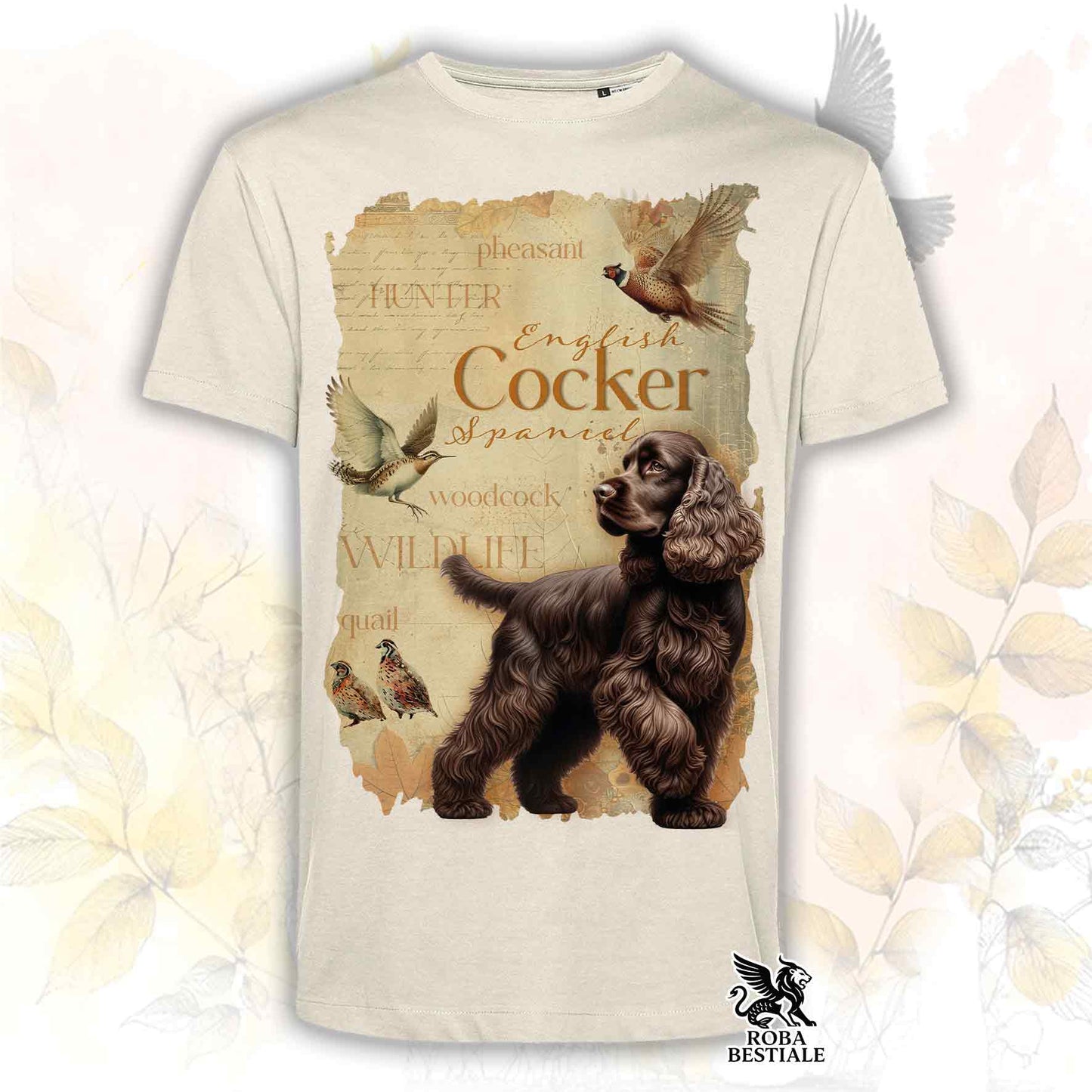 T-Shirt FIELD LEGACY - COCKER SPANIEL INGLESE Fegato - Bianca o Beige, da Uomo o da Donna - dalla XS alla 5XL