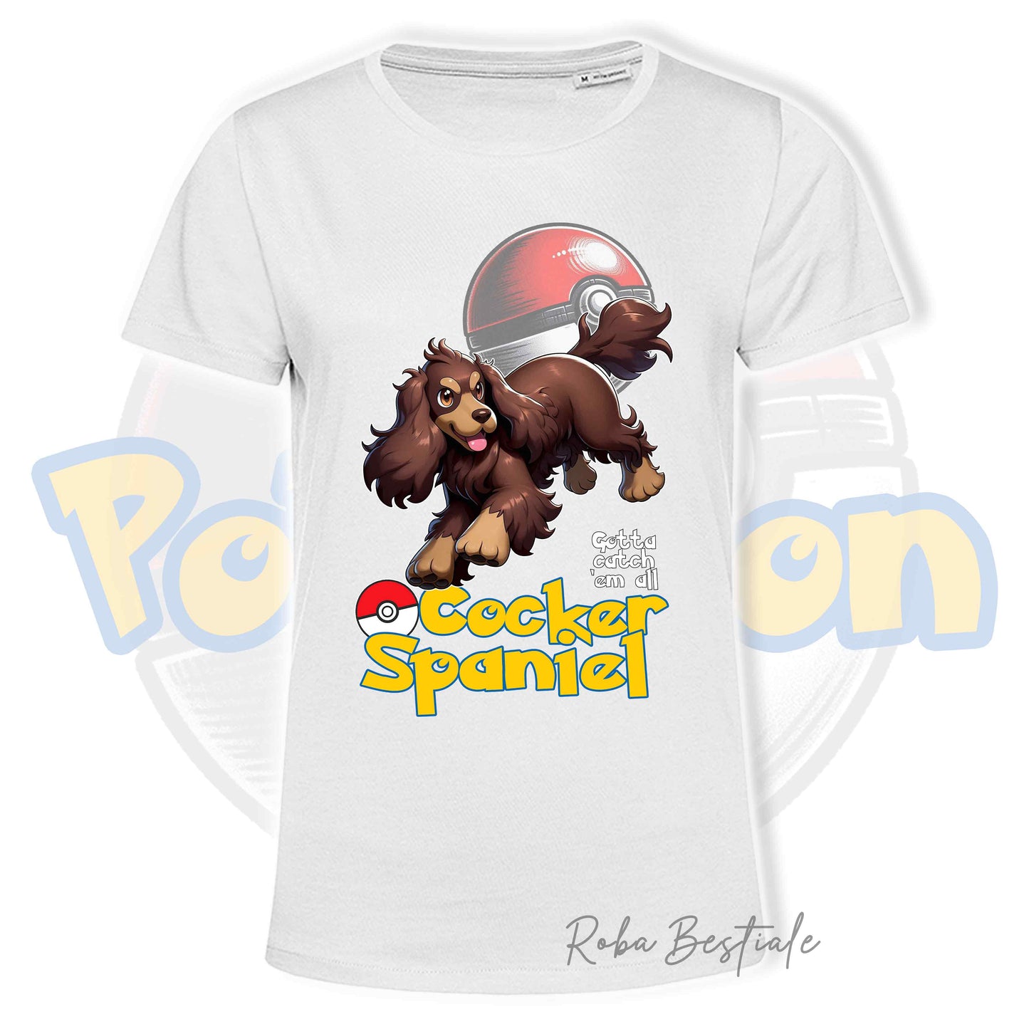 T-Shirt POKEMON - COCKER SPANIEL INGLESE Fegato Focato - Bianca, Nera o Beige, Uomo o Donna, dalla XS alla 5XL
