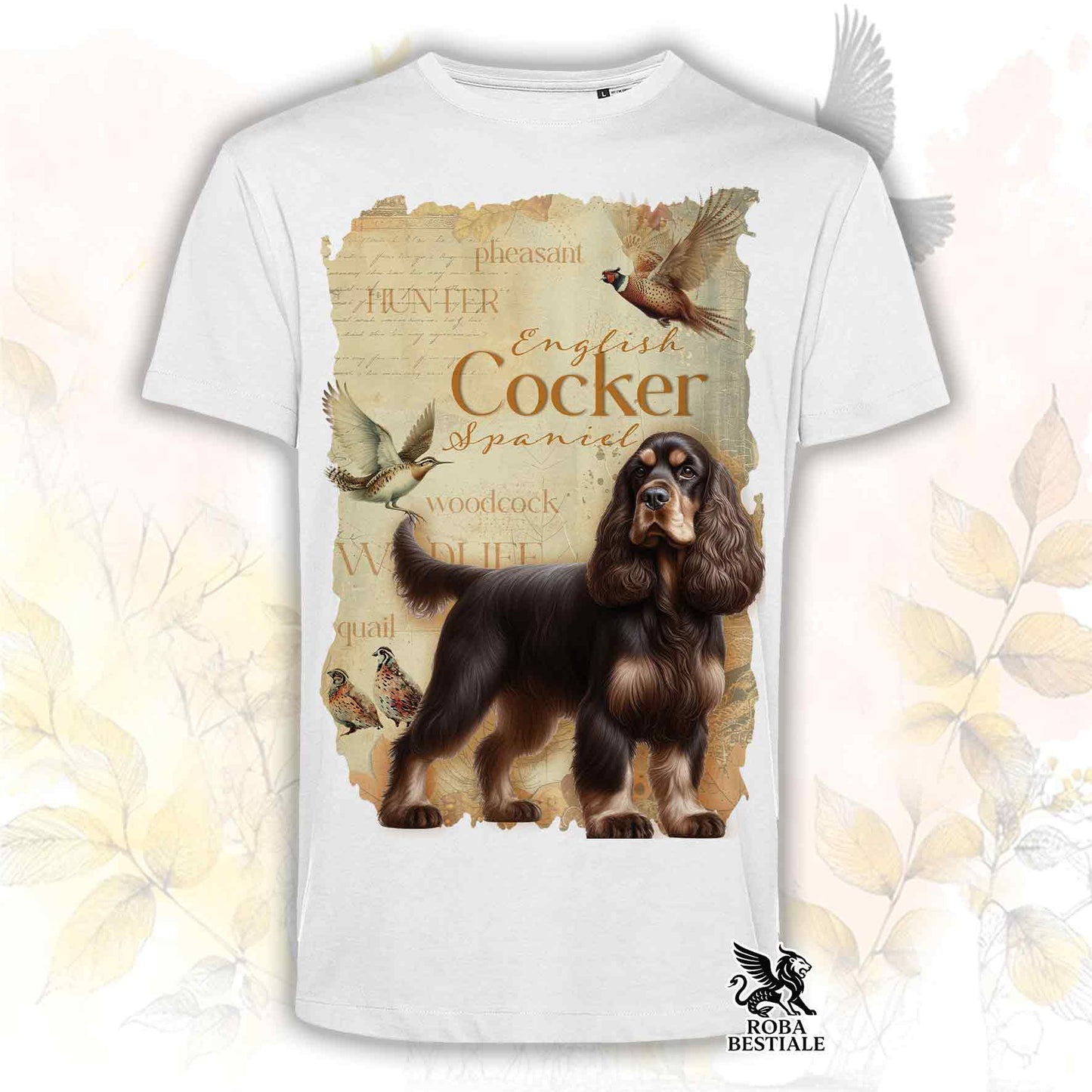 T-Shirt FIELD LEGACY - COCKER SPANIEL INGLESE Fegato Focato - Bianca o Beige, da Uomo o da Donna - dalla XS alla 5XL