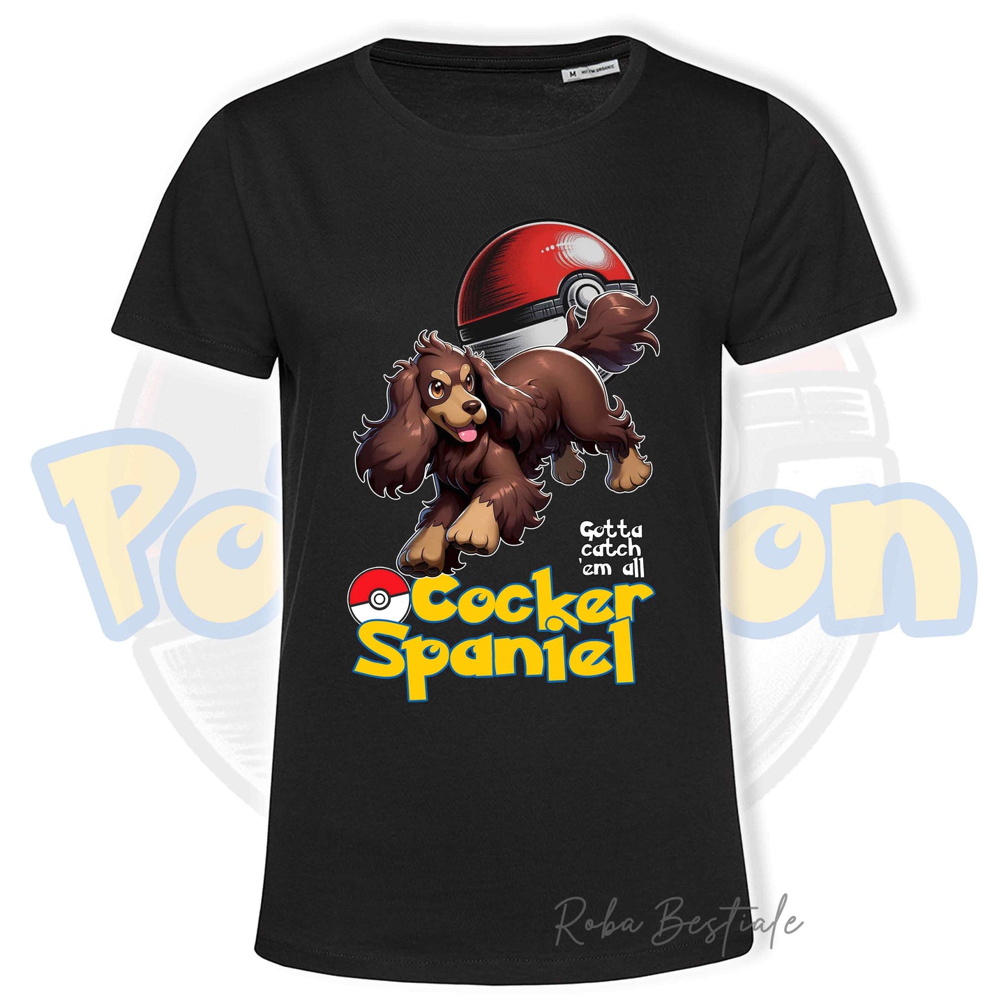 T-Shirt POKEMON - COCKER SPANIEL INGLESE Fegato Focato - Bianca, Nera o Beige, Uomo o Donna, dalla XS alla 5XL