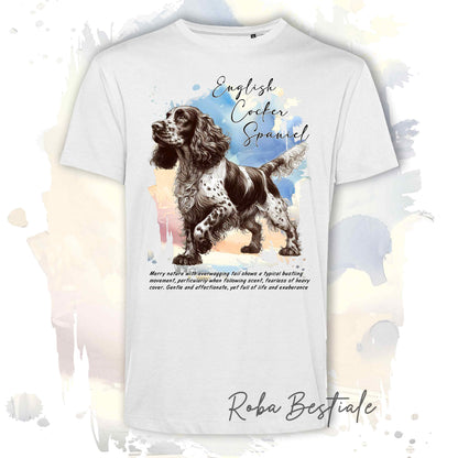 T-Shirt BEHAVIOR - COCKER SPANIEL INGLESE Fegato Roano - Standard FCI - 100% Cotone, Bianca, Uomo o Donna - dalla XS alla 5XL
