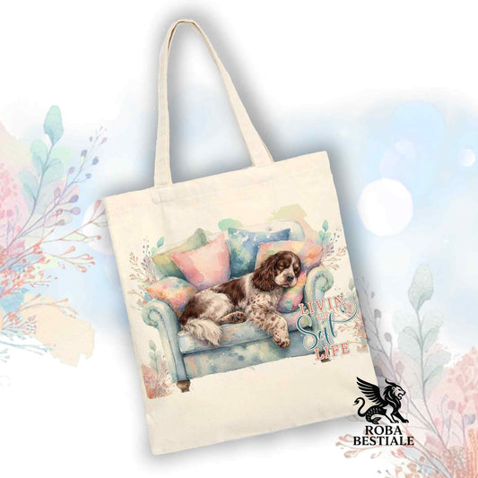 Tote Bag SOFT LIFE - COCKER SPANIEL INGLESE Fegato Roano - 100% Cotone - Bianca o Beige