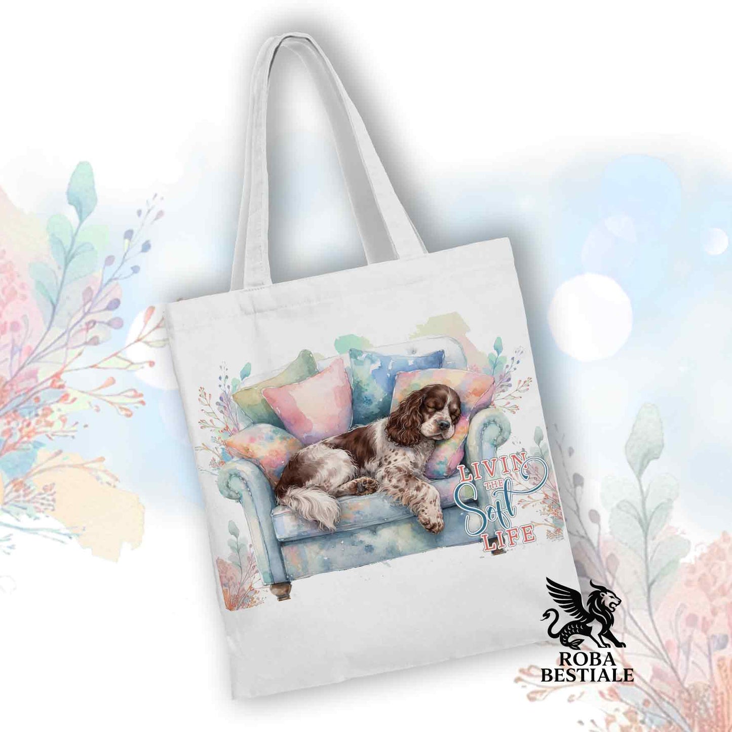 Tote Bag SOFT LIFE - COCKER SPANIEL INGLESE Fegato Roano - 100% Cotone - Bianca o Beige