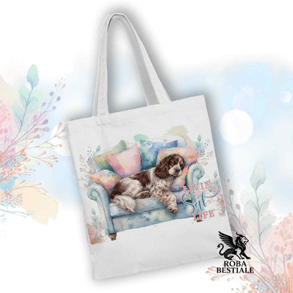 Tote Bag SOFT LIFE - COCKER SPANIEL INGLESE Fegato Roano - 100% Cotone - Bianca o Beige