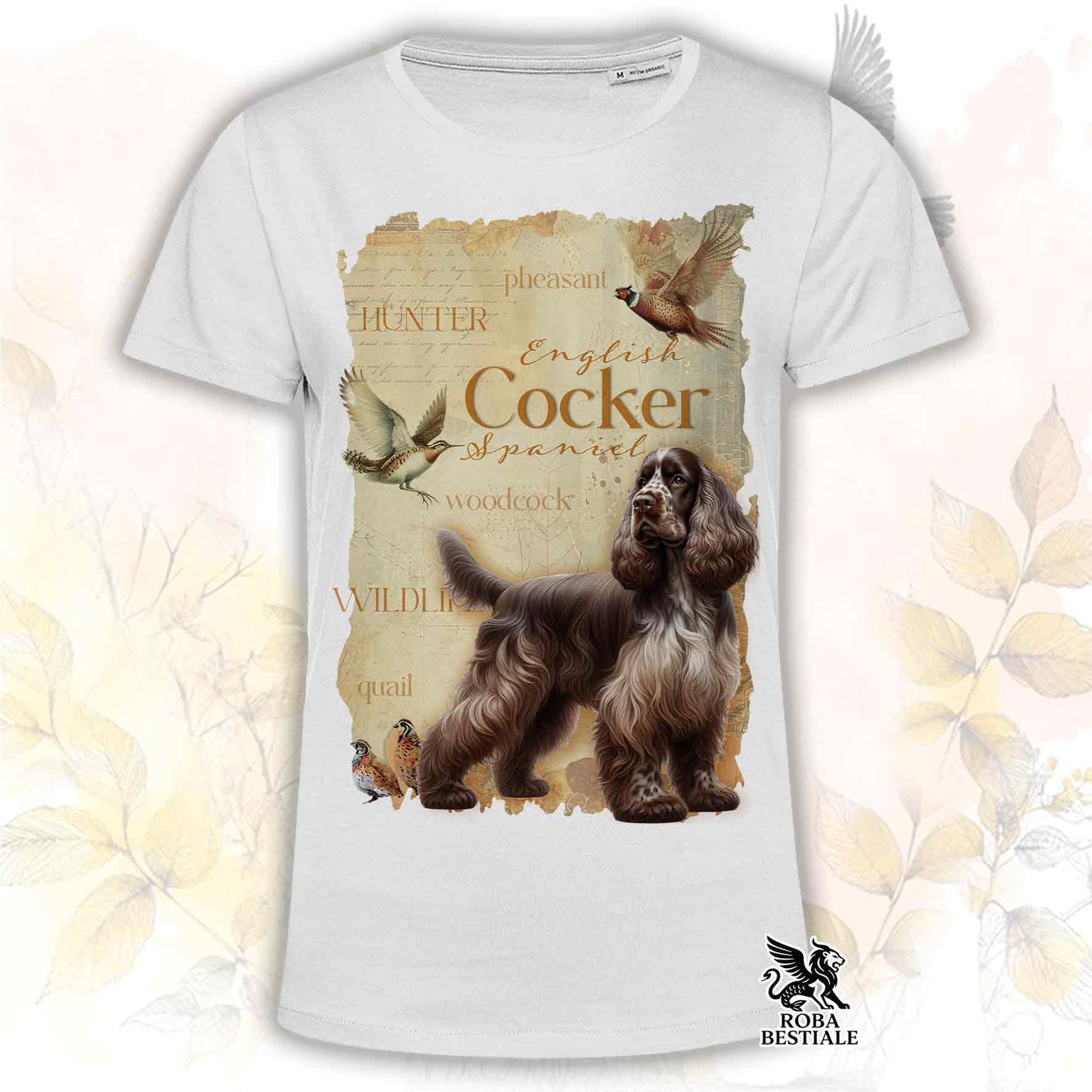 T-Shirt FIELD LEGACY - COCKER SPANIEL INGLESE Fegato Roano - Bianca o Beige, da Uomo o da Donna - dalla XS alla 5XL