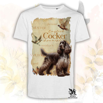 T-Shirt FIELD LEGACY - COCKER SPANIEL INGLESE Fegato Roano - Bianca o Beige, da Uomo o da Donna - dalla XS alla 5XL