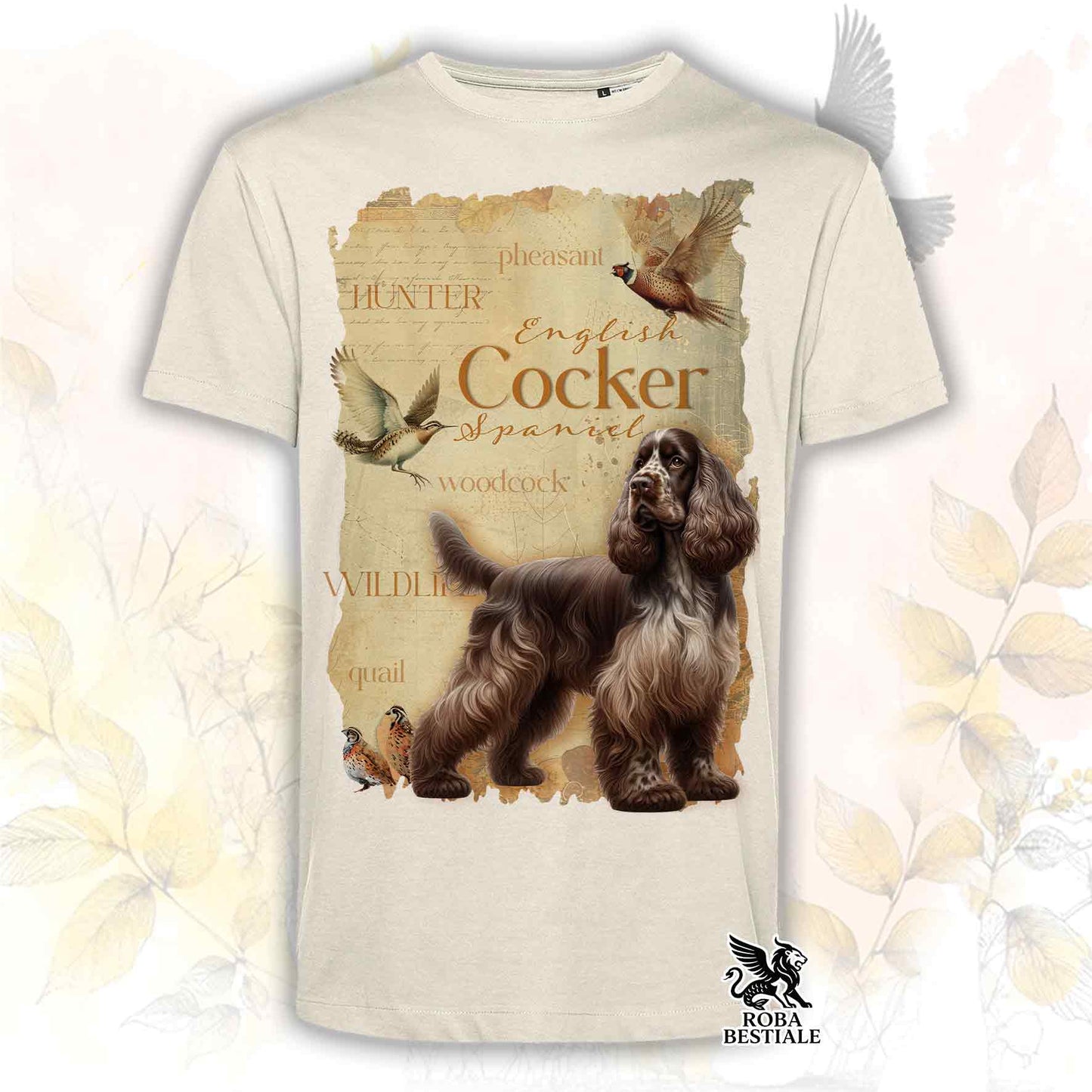 T-Shirt FIELD LEGACY - COCKER SPANIEL INGLESE Fegato Roano - Bianca o Beige, da Uomo o da Donna - dalla XS alla 5XL