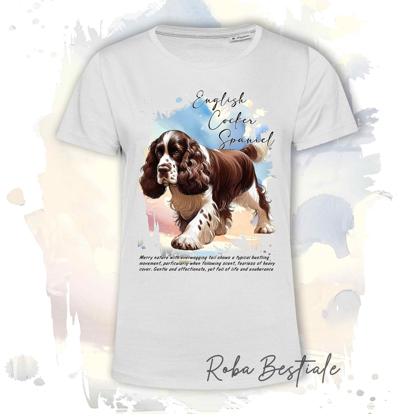 T-Shirt BEHAVIOR - COCKER SPANIEL INGLESE Fegato e Bianco - Standard FCI - 100% Cotone, Bianca, Uomo o Donna - dalla XS alla 5XL