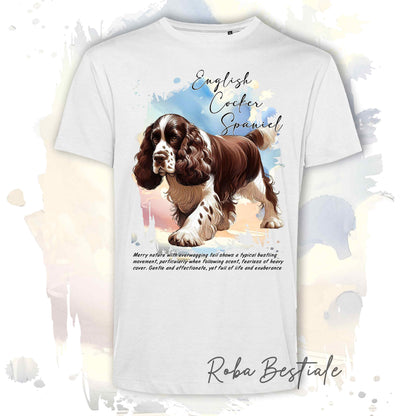 T-Shirt BEHAVIOR - COCKER SPANIEL INGLESE Fegato e Bianco - Standard FCI - 100% Cotone, Bianca, Uomo o Donna - dalla XS alla 5XL