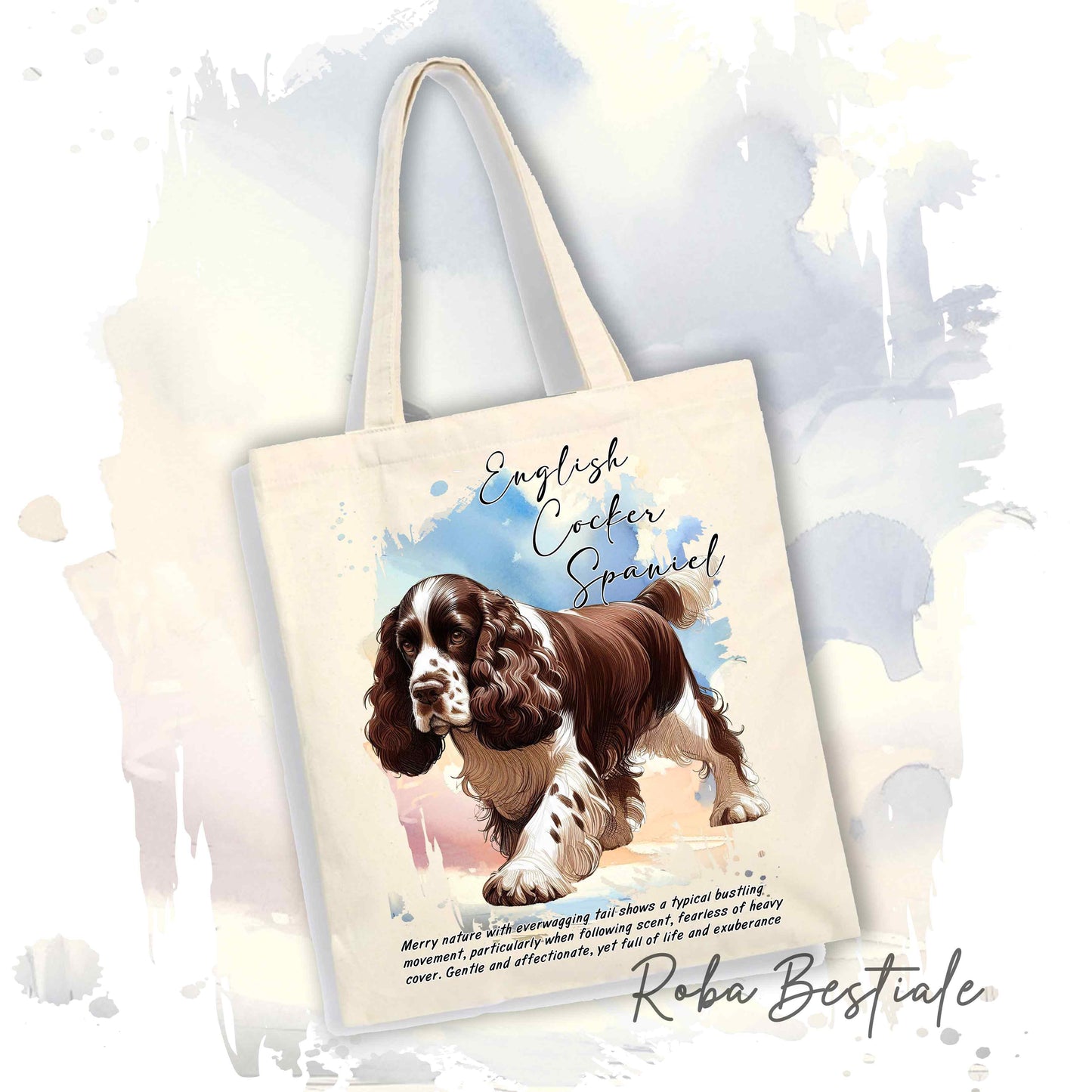 Shopper BEHAVIOR - COCKER SPANIEL INGLESE Fegato e Bianco - Diversi colori disponibili, 100% Cotone
