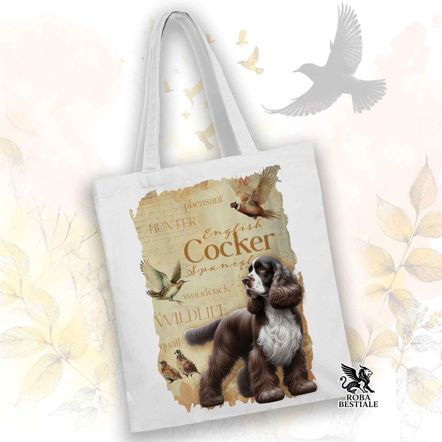 Tote Bag FIELD LEGACY - COCKER SPANIEL INGLESE Fegato e Bianco - 100% Cotone - Bianca o Beige